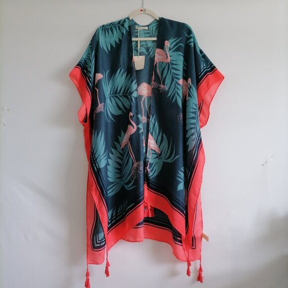 NWT Do Everything In Love Womens Blue Flamingo Open Front Cover Up One Size - Picture 1 of 7